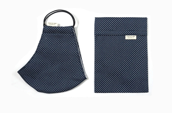 Cotton Face Mask with Filter Pocket and Matching Pouch - Navy Polka Dots Cocorose London