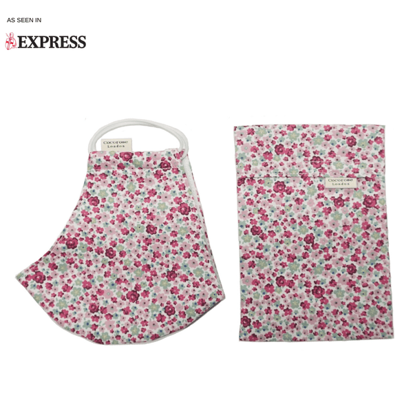 Cotton Face Mask with Filter Pocket and Matching Pouch - Pink Flowers Cocorose London