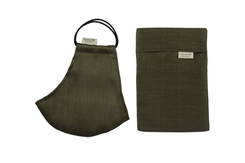 Silk Face Mask with Filter Pocket and Matching Pouch - Khaki Green Cocorose London