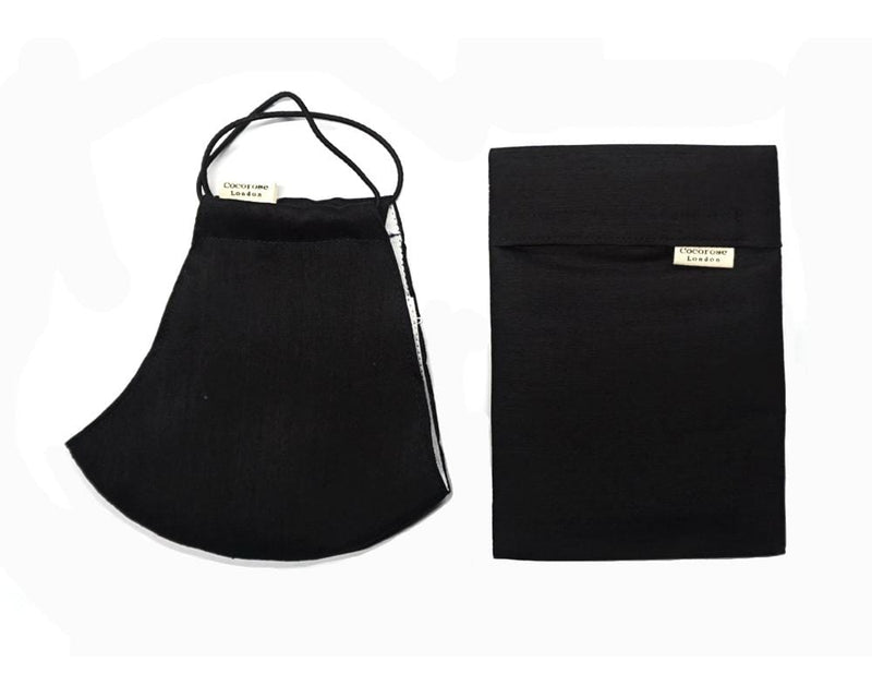 Silk Face Mask with Filter Pocket and Matching Pouch - Black Cocorose London