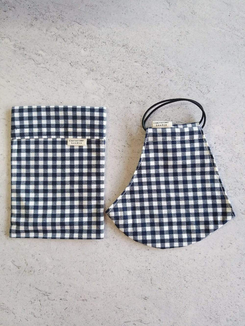 Cotton Face Mask with Filter Pocket and Matching Pouch - Gingham Navy 2.0 Cocorose London
