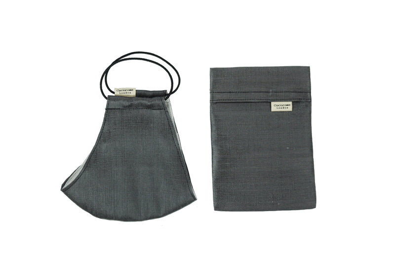 Silk Face Mask with Filter Pocket and Matching Pouch - Dark Grey Cocorose London
