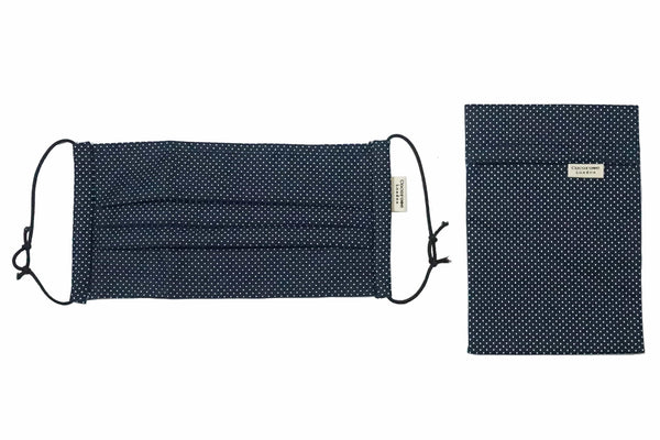 Pleated Cotton Face Mask with Nose Wire and Matching Pouch - Navy Polka Dots Cocorose London