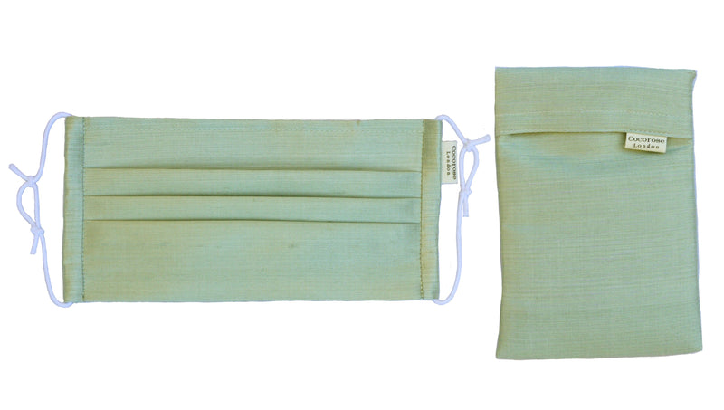 Pleated Silk Face Mask with Nose Wire and Matching Pouch - Sage Green Cocorose London