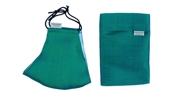 Silk Face Mask with Filter Pocket and Matching Pouch - Emerald Green Cocorose London