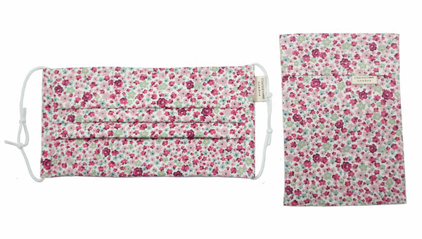 Pleated Cotton Face Mask with Nose Wire and Matching Pouch - Pink Flowers Cocorose London