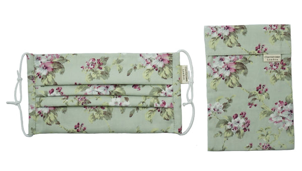 Pleated Cotton Face Mask with Nose Wire and Matching Pouch - Floral Print Sage Cocorose London
