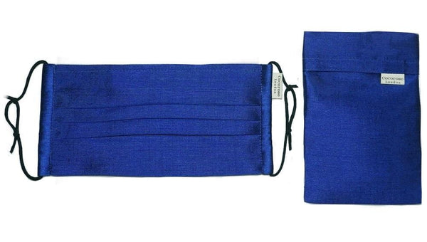 Pleated Silk Face Mask with Nose Wire and Matching Pouch - Royal Blue Cocorose London
