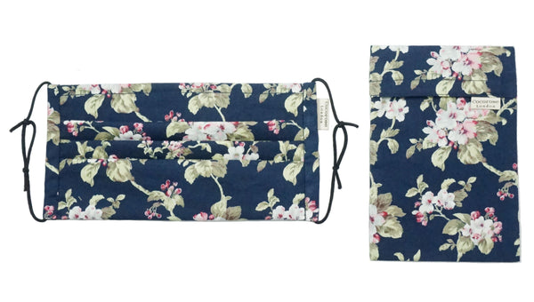 Pleated Cotton Face Mask with Nose Wire and Matching Pouch - Floral Print Navy Cocorose London