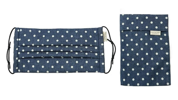 Pleated Cotton Face Mask with Nose Wire and Matching Pouch - Blue Denim Polka Dot Cocorose London