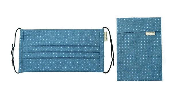 Pleated Cotton Face Mask with Nose Wire and Matching Pouch - Blue Polka Dot Cocorose London
