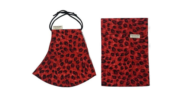 Cotton Face Mask with Filter Pocket and Pouch - Leopard Print Red Cocorose London