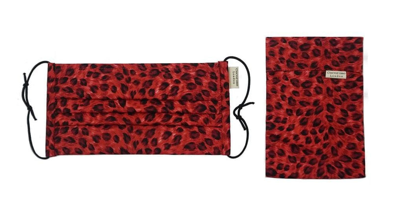 Pleated Cotton Face Mask with Nose Wire and Matching Pouch - Leopard Print Red Cocorose London