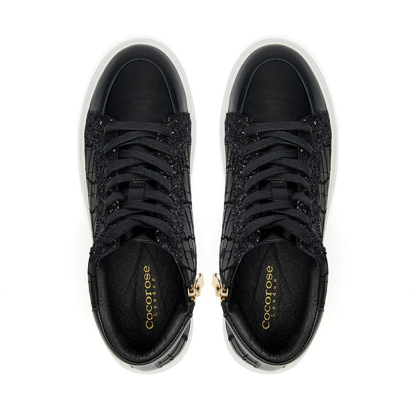 Finsbury - Black and Glitter Leather High Top Trainers with Zip Cocorose London
