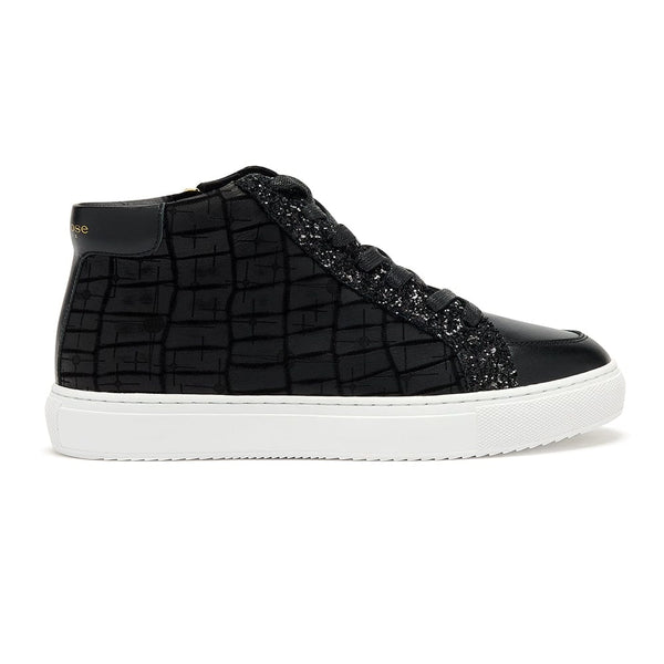 Finsbury - Black and Glitter Leather High Top Trainers with Zip Cocorose London