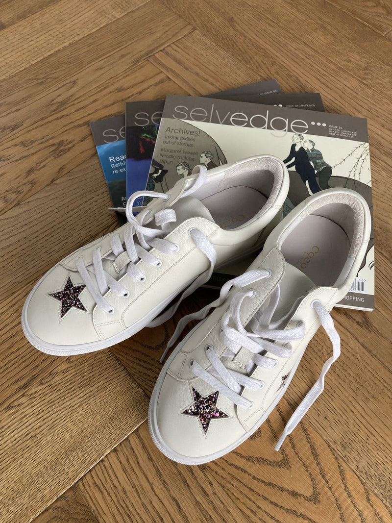 Hoxton - White with Glitter Star Leather Trainers Cocorose London