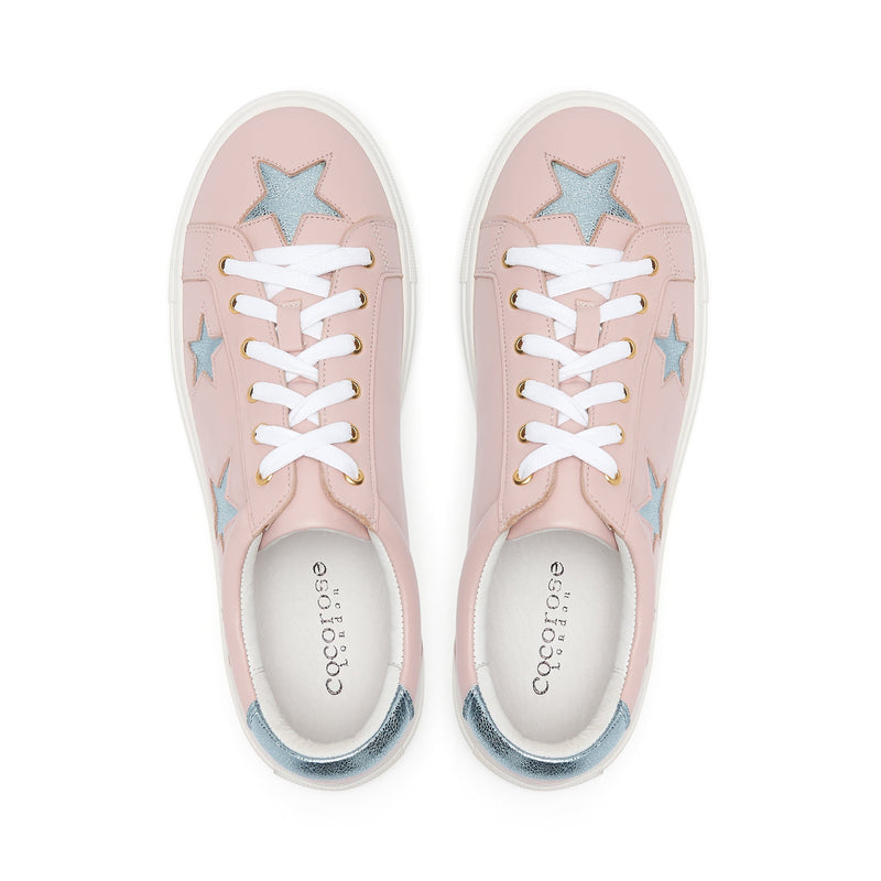 Hoxton - Pastel Pink with Blue Stars Leather Trainers Cocorose London