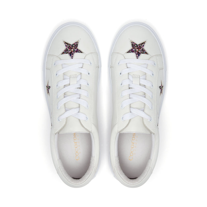 Hoxton - White with Glitter Star Leather Trainers Cocorose London