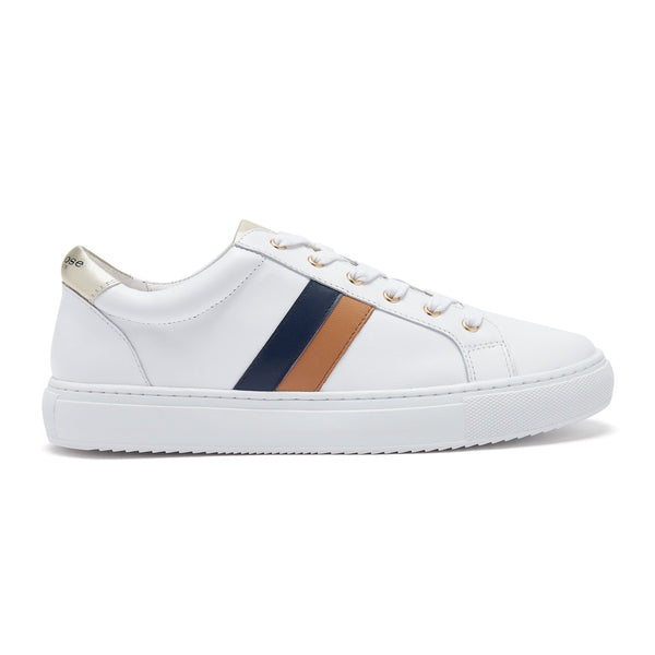 Hoxton - Stripes Navy & Tan Leather Trainers Cocorose London