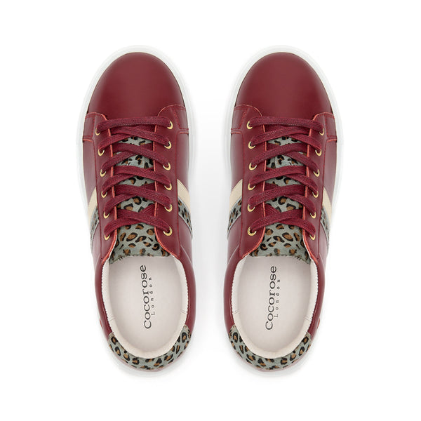 Hoxton - Stripes Burgundy & Leopard Leather Trainers Cocorose London