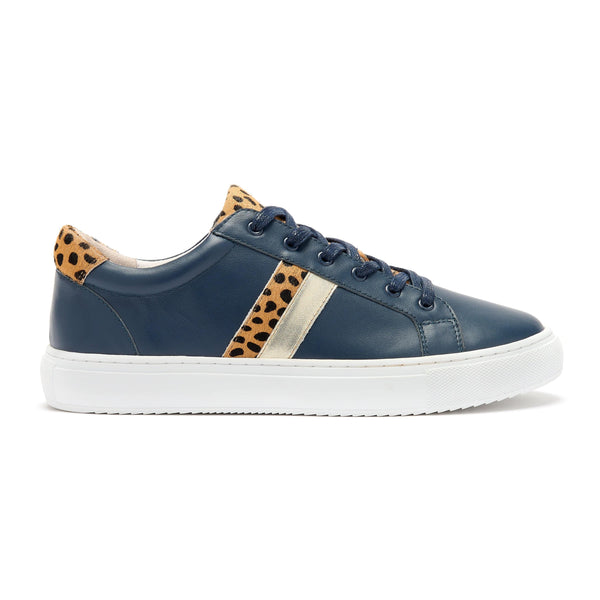 Hoxton - Stripes Navy & Leopard Leather Trainers Cocorose London