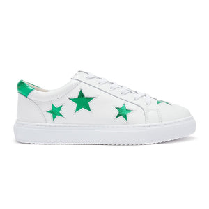 Hoxton - White with Metallic Green Stars Leather Trainers Cocorose London