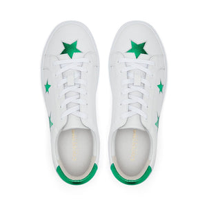 Hoxton - White with Metallic Green Stars Leather Trainers Cocorose London