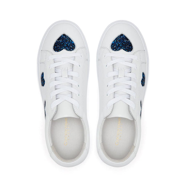 Hoxton - White with Navy Glitter Heart Leather Trainers Cocorose London