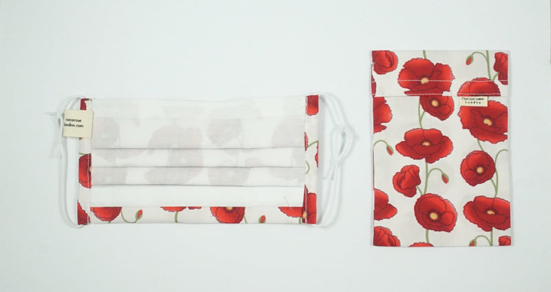 Pleated Cotton Face Mask with Nose Wire and Matching Pouch - Poppies Cocorose London