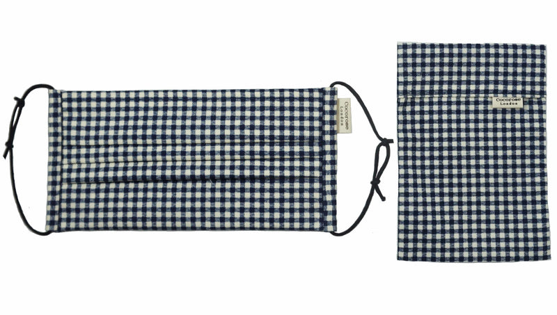 Pleated Cotton Face Mask with Nose Wire and Matching Pouch - Gingham Navy 2.0 Cocorose London
