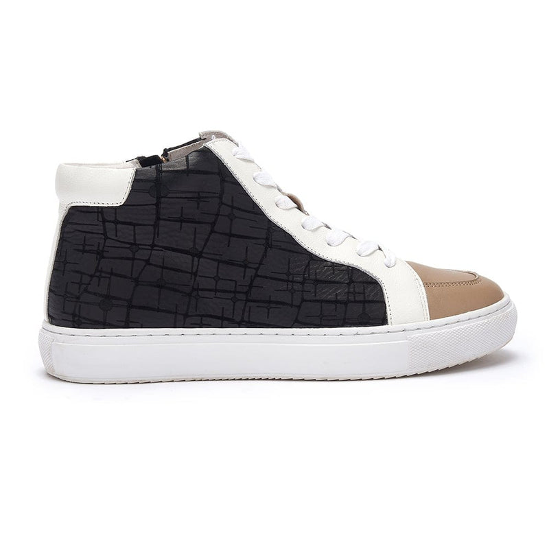 Finsbury - Black and Camel Leather High Top Trainers with Zip Cocorose London