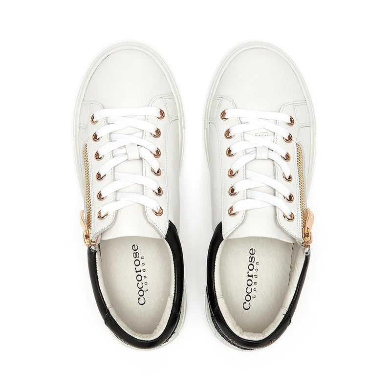 Hoxton - White Leather Trainers with Zip and Black Glitter Heel Cocorose London