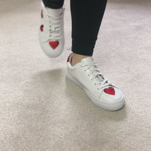 Video or our Women's White with Red Hearts Leather Trainers