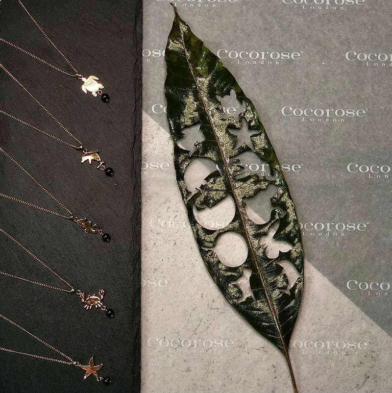 Miniature Crab & Garnet Bead Gold Plated Natural Leaf Pendant Cocorose London