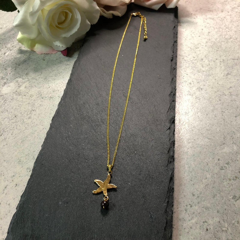 Miniature Starfish & Garnet Bead Gold Plated Natural Leaf Pendant Cocorose London